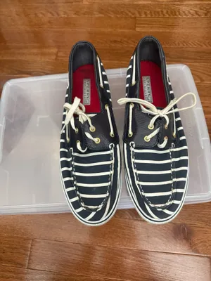 Sperry Black & White Striped Canvas Boat Shoes with Red Insole thumbnail 10