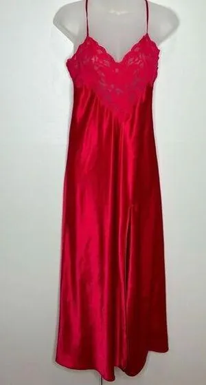Vintage Victoria’s Secret Y2k Silky Slit Red Maxi Slip Dress Rosette Lace Medium thumbnail 1