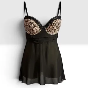VTG Inner Secrets Leopard Print Babydoll Lingerie Dress Lace Trim Black Chiffon thumbnail 5