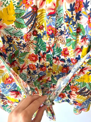 Karlie Mutli Floral Colorful Tropical Cotton Mini Dress Short Sleeve Faux Wrap thumbnail 6