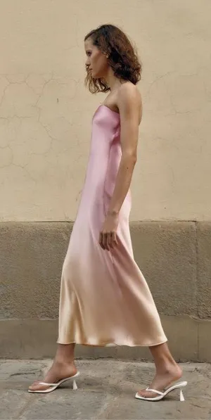 Zara midi dress maxi tie dye pink beige satin strapless wedding shower date thumbnail 3
