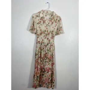 Figueroa & Flower Boho Shirt Dress Medium Beige Floral Cottagecore Retro Prairie thumbnail 2
