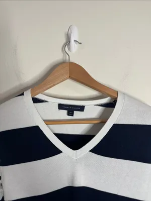 Tommy Hilfiger Classic Navy&White Nautical Striped V-neck Cotton Sweater size S thumbnail 3