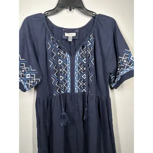 Cupio Small Dress Boho Navy Blue Embroidered Short Sleeve 100% Cotton Hippie thumbnail 10