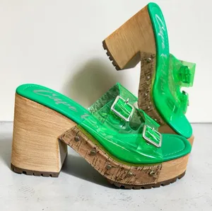 Cape Robbin Neon Green Lucite Double Buckle Platform Mules thumbnail 1
