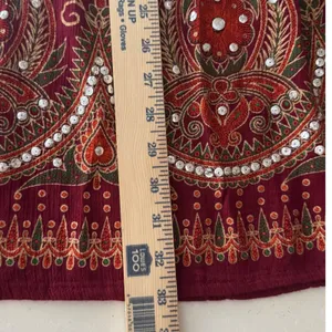 Boho Burgundy Paisley Sequin Embroidered Maxi Skirt Size Small Elastic Waist thumbnail 6
