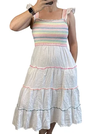 Vineyard Vines Flutter Sleeve Smocked Tiered‎ White Linen Midi Dress Size S thumbnail 1