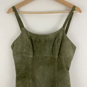 ARTURO Vintage 90s Army Green Suede Leather Grunge Asymmetrical Hem Mini Dress thumbnail 2