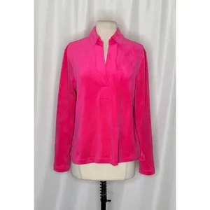 LILLY PULITZER August Velour Pullover Pink Palms Solid Polo Collar Bright Small thumbnail 2