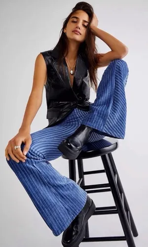 Free People Slim Pull-On Velvet Flare Pants Blue High Rise 70s Size- Small thumbnail 1