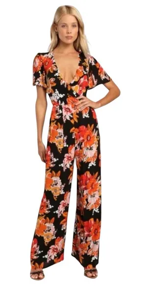 Lulu's Black Floral Wide-Leg Open-Back Jumpsuit size XS thumbnail 1