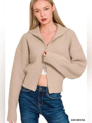 Zenana Beige Ribbed Knit Two Way Zip Up Sweater Jacket Oversized Collar Cardigan thumbnail 2