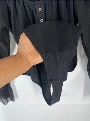 PrettyLittleThing Black Ribbed Mesh Sleeve‎ Bodysuit US 12 NWT thumbnail 4