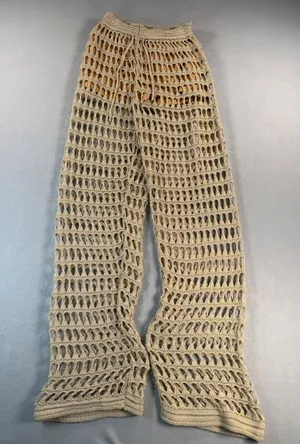 Boho Beach Beige Tan Crochet Knit Wide Leg Pants with Liner Shorts Small thumbnail 1