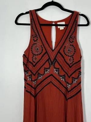 Anthropologie Maeve Womens Sz 0 Orange Embroidered Desert Wide Leg Jumpsuit thumbnail 4