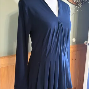 Ann Taylor Mixed Media Pleated Front Dark Blue Top size Medium thumbnail 2