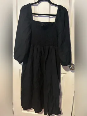 J. Crew Black Smocked Square-Neck Midi Dress with Side Slit thumbnail 3