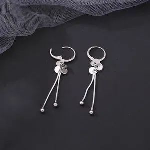 925 Silver Plated Round Disc Tassel Dangle Drop Hoop Earrings for Women thumbnail 4