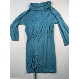 Free People Womens Teal Blue Cowl Neck Ruched Drawstring Mini Dress Size M thumbnail 2