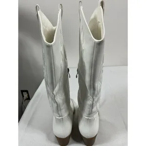 Womans Fran Willot Knee High Cowgirl Boots 9 White Embroidered Heel 1/2 Zip thumbnail 5