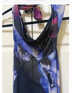 Purple Blue Floral Sheer Mesh Halter Cowl Maxi Dress thumbnail 2
