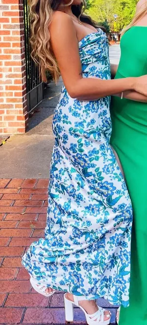Beginning Boutique Blue Floral Satin Strapless Maxi Dress thumbnail 2