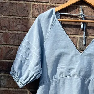 7 for All Mankind Blue Puff V-Neck Dress Cotton Coastal Boho Quiet Luxury Beachy thumbnail 4