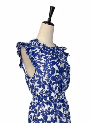 Sugar Lips Midi Dress Size M Floral Ruffle Smocked Tiered Blue White Tie Neck thumbnail 7