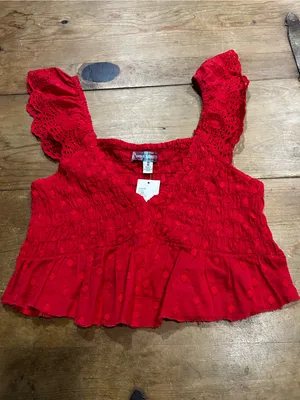 Urban Outfitters Red Ruffled Smocked V-Neck Crop Tank Size Medium thumbnail 5