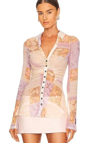 Free People Lucky Shirtee Light Combo Sheer Mesh Button Front Floral Patchwork thumbnail 1