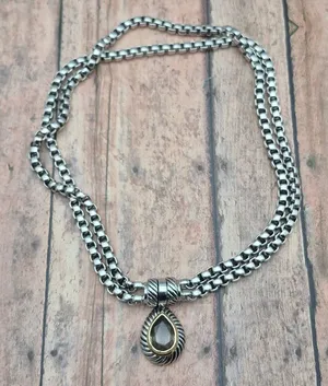 Choker Collar Pendant Necklace Silver Tone Double Box Chain Smokey Teardrop 16" thumbnail 1