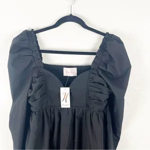 HERRINGSTONES Black Ruffle Long Sleeves Trim Smocked Back Dress, Size Large Boho thumbnail 10