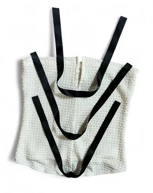Textured Cream Coquette Strapless Tube Top with Black‎ Satin Ribbon Back Ties thumbnail 1