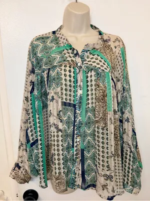 ee:Some Poet Balloon Sleeve Mixed Print Button Down Blouse Size L Paisley thumbnail 2