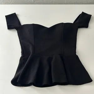 Black floral lace & bow sweetheart padded off shoulder baby doll ruffle top thumbnail 1