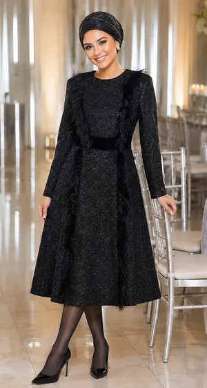 TOUCH Israel Women’s Modest Sparkle Feather Trim Evening Dress Size EU 40 thumbnail 1