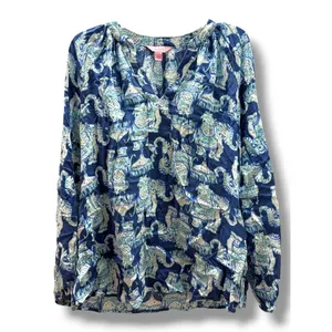 Lilly‎ Pulitzer Martinique Joy Ride Elephant Print Split Neck Rayon Blouse XXS thumbnail 3