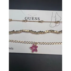 GUESS Gold Tone Pink Flower Charm Mixed 3 Piece Anklet Set thumbnail 2