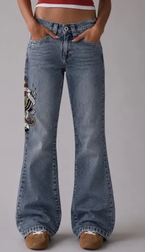 Ed Hardy Embroidered New York City Blue Denim Jeans Slim Flare thumbnail 1