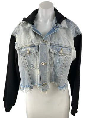 Dance & Marvel Blue Black Hoodie Hooded Distressed Crop Denim Jean Jacket Size S thumbnail 1