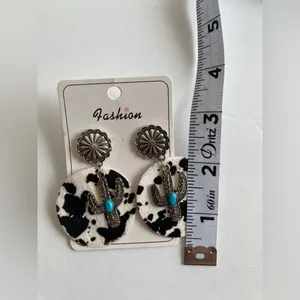 Cow pattern cactus‎ with turquoise decor dangle ethnic style earrings Black thumbnail 6
