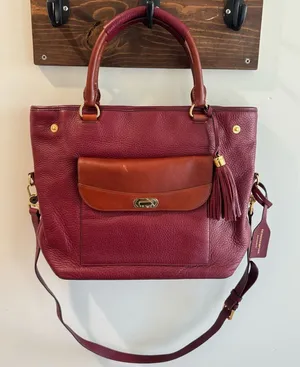 Isaac Mizrahi Bridgehampton Burgundy Cognac Leather Tote‎ Messenger Turnlock Bag thumbnail 1