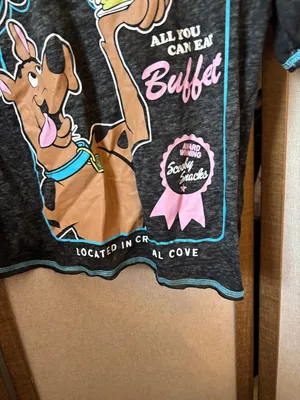 Ladies Burnout Black Graphic Tee - Scooby Buffet Design XS thumbnail 2
