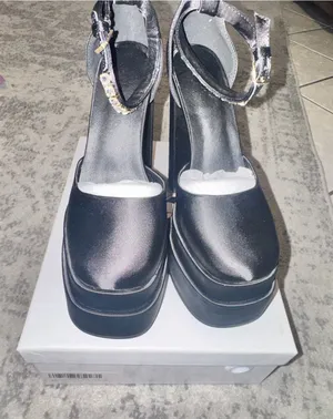 New Black Satin Platform Heels with Jeweled Ankle Strap size 37(7) thumbnail 1