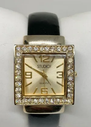 Studio women’s watch gold tone rhinestones 26mm quartz analog cuff band running thumbnail 1