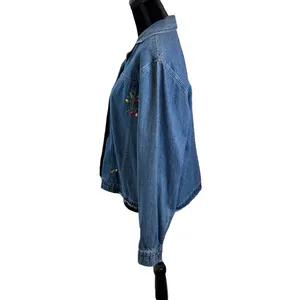 Asaro Collection Women L Denim Jacket Blue Embroidered Floral Fruit Button Front thumbnail 7