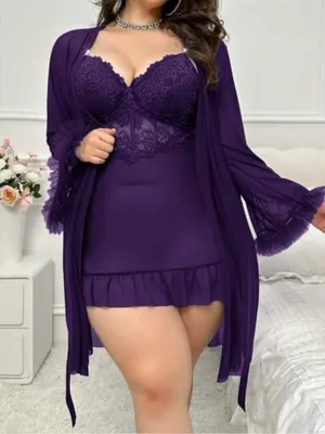 Boutique Lace Patchwork Camisole Nightgown & Bell Sleeve Sheer Robe Set Sz 2X thumbnail 3