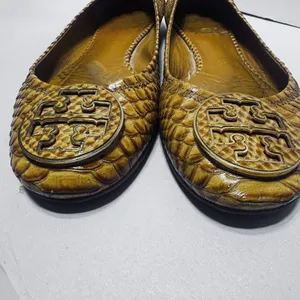Tory Burch Reva Gold ballet flats shoes Mustard yellow snakeskin leather sz 10 thumbnail 3