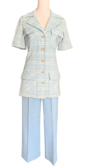 Vintage 70s‎ Light Blue Plaid Safari Womens Suit Act iii thumbnail 1