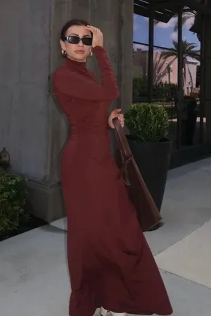Zara Elegant Burgundy brown wine Maxi Dress stretchy long Sleeve Casual bodycon thumbnail 1